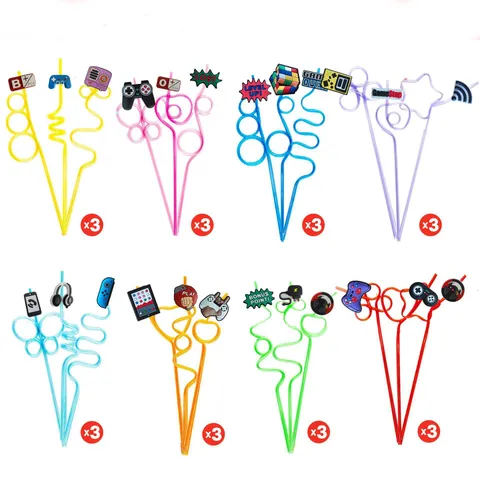 Creative Game Theme Cartoon Drinking Straws Set Plastic Party Drink Decoration With Removable Decorative Charms
