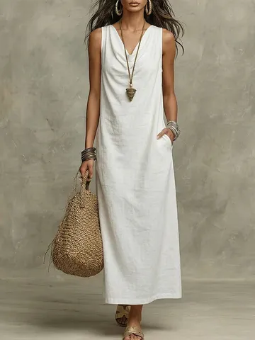 Donna Estate Casual Tinta Unita Collo Drappeggiato Senza Maniche Largo Lungo Abito Elegante Abito Maxi in Poliestere Con Tasche