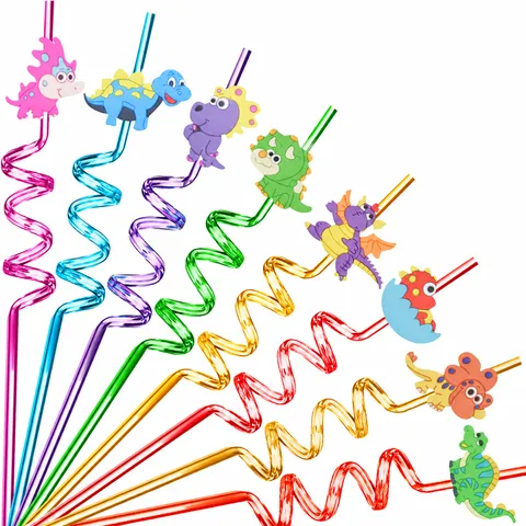 Reusable Plastic Drinking Straws Cartoon Dinosaur Design Colorful Spiral Straws For Kids Party Daily Use