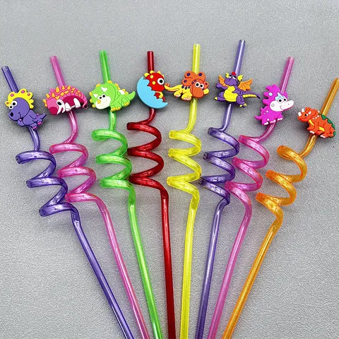 Reusable Plastic Drinking Straws Cartoon Dinosaur Design Colorful Spiral Straws For Kids Party Daily Use