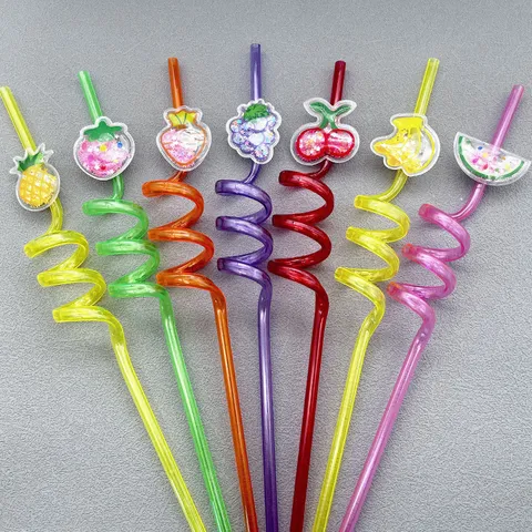 Reusable Plastic Drinking Straws With Sequin Fruit Charm Colorful Spiral Bent Straws For Kids Party Bar Drinkware