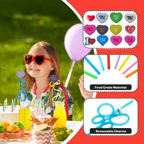 Cartoon Heart Straw Accessories Plastic Colorful Drinking Straws With Charms For Birthday Party Drink Table Decoration