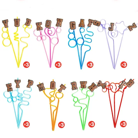 Colorful Plastic Drinking Straws With Glitter Letter Charms Creative Reusable Straw Set For Birthday Party Drinkware