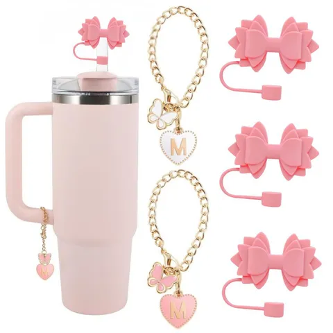 Stainless Steel Insulated Tumbler With Cute Bow Straw Cap Alphabet Pendant Metal Chain Cup Sleeve Set