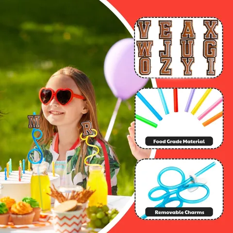 Colorful Plastic Drinking Straws With Glitter Letter Charms Creative Reusable Straw Set For Birthday Party Drinkware