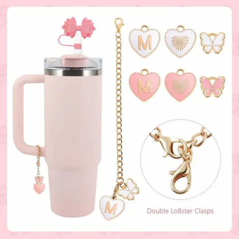 Stainless Steel Insulated Tumbler With Cute Bow Straw Cap Alphabet Pendant Metal Chain Cup Sleeve Set