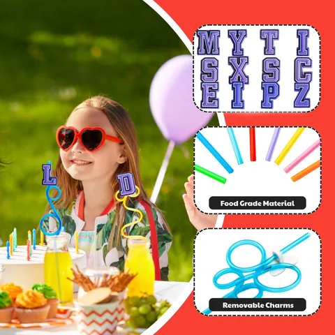 Creative Party Drinking Straws With Removable Letter Charms Plastic Bendable Straws For Birthday Wedding Drink Decor