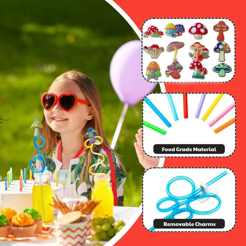 Creative Mushroom Cartoon Straws Plastic Drinking Straws With Cute Charms For Birthday Party Supplies Decorative Drinkware