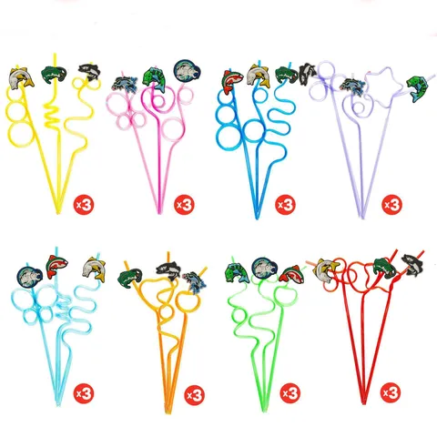 Cartoon Fishing Theme Plastic Drinking Straws Set Cute Fish Charms Flexible Party Straws For Birthday Party Drinkware