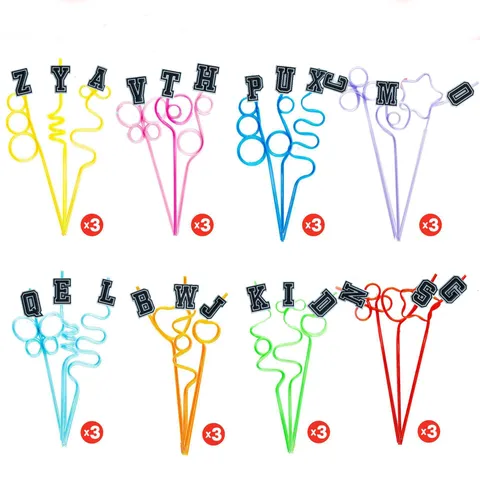 Colorful Plastic Drinking Straws with Removable Letter Charms Curly Crazy Straws for Birthday Party Drink Supplies