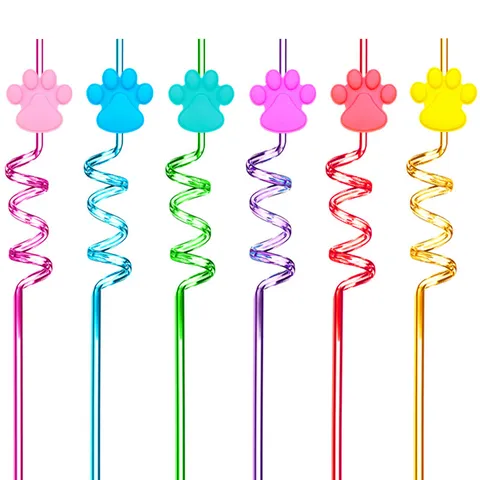 Cute Cartoon Dog Paw PET Plastic Spiral Drinking Straws Colorful Curly Straws For Kids Party Tableware Drinkware