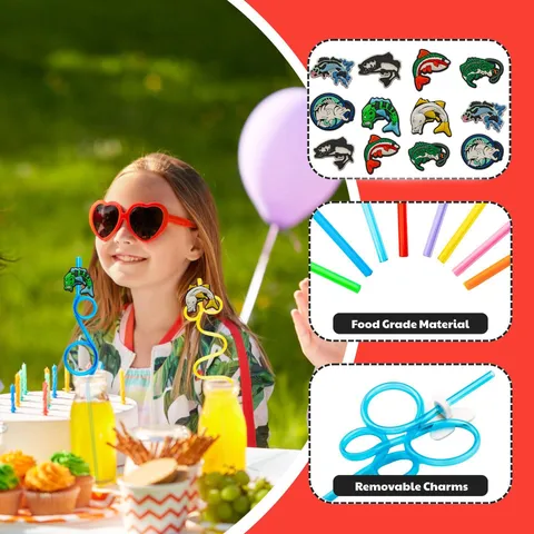 Cartoon Fishing Theme Plastic Drinking Straws Set Cute Fish Charms Flexible Party Straws For Birthday Party Drinkware