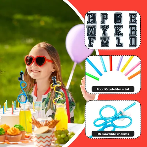 Colorful Plastic Drinking Straws with Removable Letter Charms Curly Crazy Straws for Birthday Party Drink Supplies