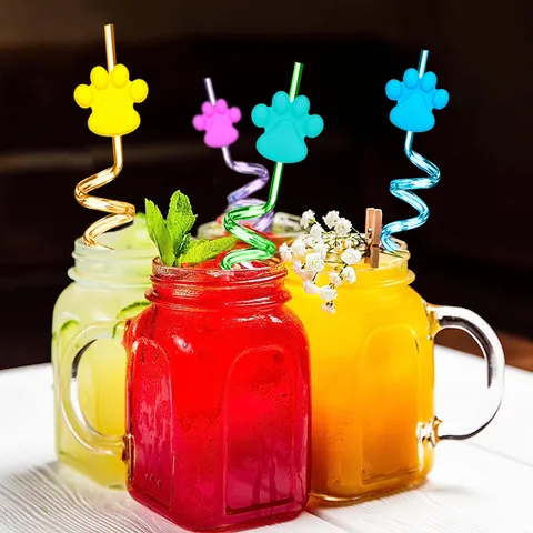 Cute Cartoon Dog Paw PET Plastic Spiral Drinking Straws Colorful Curly Straws For Kids Party Tableware Drinkware