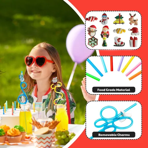 Christmas Cartoon Plastic Drinking Straws With Removable Cute Charms Festive Party Decorative Drinking Accessories