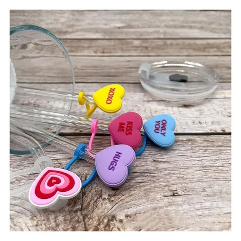 Cute Silicone Straw Covers Heart Shape Reusable Straw Toppers Dustproof Drinking Straw Cap For Valentine Party Drinkware