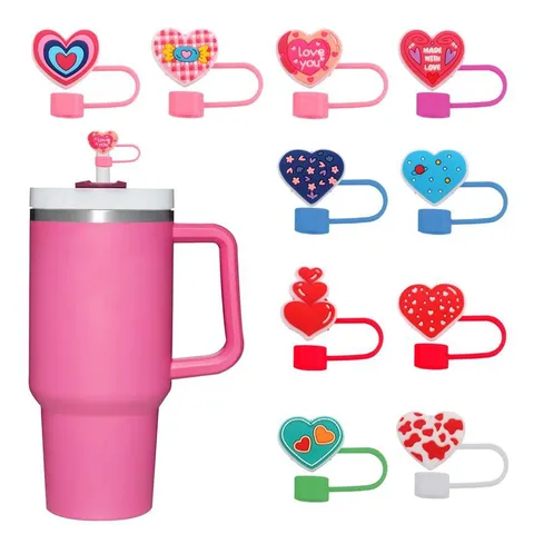Cute Silicone Straw Cover Cap Cartoon Heart Shaped Straw Topper Reusable Drinking Straw Protector Cup Accessories