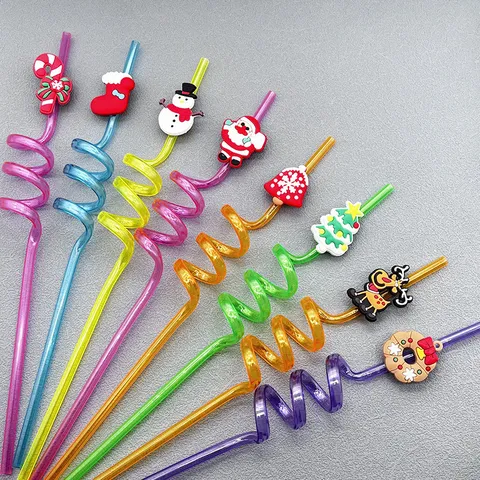 Pajitas de Fiesta de Navidad Dibujos Animados Papá Noel Muñeco de Nieve Reno PVC Espiral Bebida Decoración