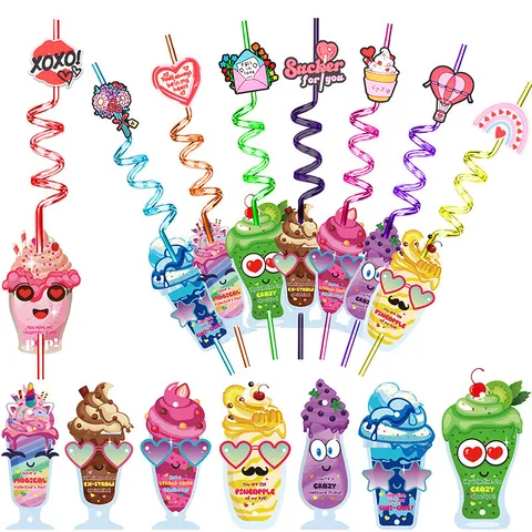 Valentine's Day Reusable Plastic Spiral Straws With Greeting Cards Cartoon Drink Straws Kids Party Favors Gift