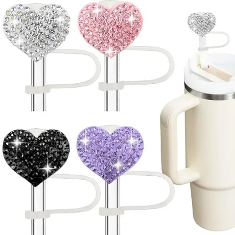Tapa de Paja de Corazón con Estrass Completo Tapón de Polvo para Pajas de Taza Accesorios de Drinkware Reutilizables Lindos Regalo de San Valentín