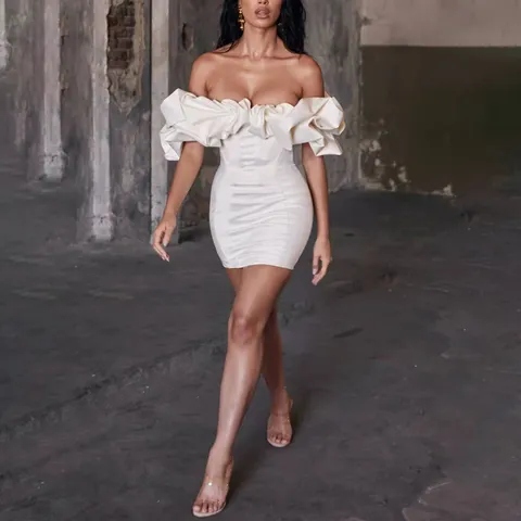 Women Sexy Off Shoulder Ruffle Dress Boned Slim Fit Bodycon Mini Dress Elegant Party Clubwear Short Dresses