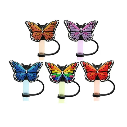 Reusable Silicone Straw Covers Cute Butterfly Plant Straw Toppers Dust-Proof Straw Tips Protectors Drinkware Accessories