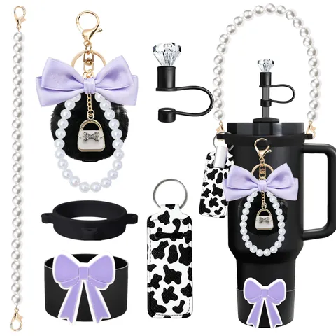 Silicone Cup Boot Pearl Strap Leopard Lipstick Bag Pompom Bow Keychain Rhinestone Straw Cap Tumbler Accessories Set