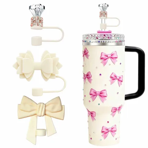Housse de Paille en Silicone Joli Nœud Strass Bouchon de Paille Anti-Poussière Réutilisable Accessoires Topper pour Tasse