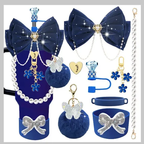 Insulated Tumbler Cup Accessories Set Deep Blue Bow Pearl Chain Pompom Keychain Flower Pendant Silicone Cup Sleeve