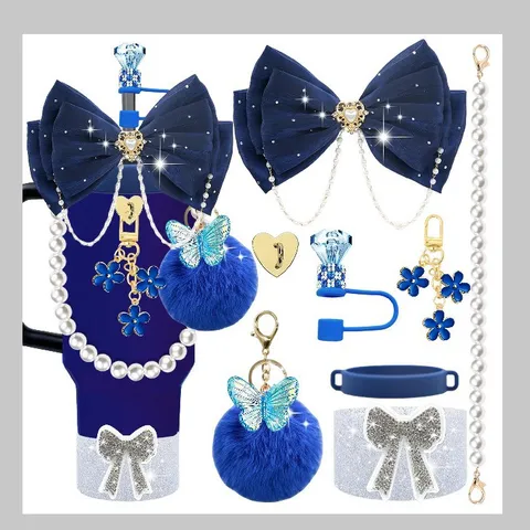 Insulated Tumbler Cup Accessories Set Deep Blue Bow Pearl Chain Pompom Keychain Flower Pendant Silicone Cup Sleeve