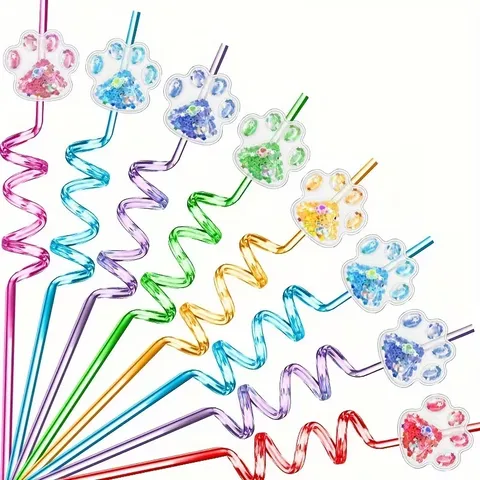 Amazon Party Cat Claw Theme Drinking Straws PETG Spiral Design Sequin Quicksand Decorative Reusable Straws For Kids