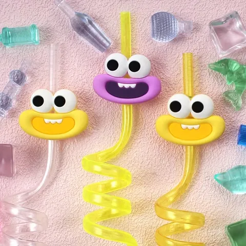 Colorful Reusable Plastic Straws Creative Spiral Cartoon Animal Fruit Glitter Drinking Straws For Birthday Party Bar Drinkware