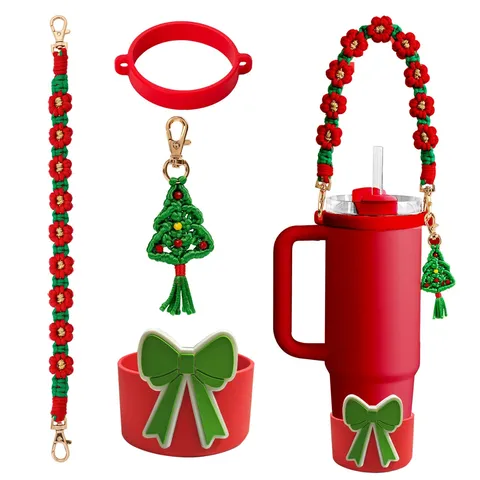 Handmade Woven Water Bottle Strap Silicone Cup Sleeve With Bowknot Pouch Portable Cup Carrier Accessories