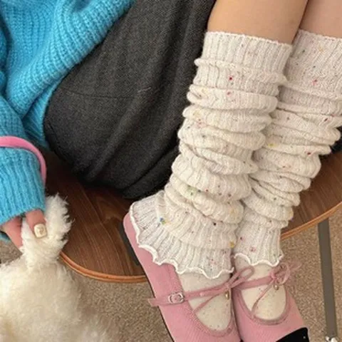Jambières Épaissies en Cachemire à Pois Colorés pour Femmes Automne Hiver Chaussettes Stacking Décontractées Style Japonais