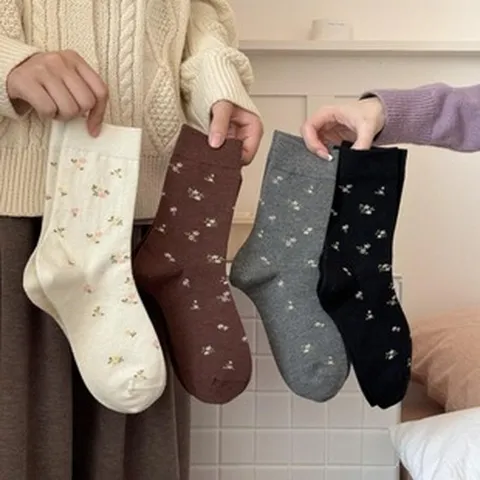 Women Retro Floral Silk Wool Blend Mid Tube Socks Japanese Style Autumn Winter Warm Casual Sock