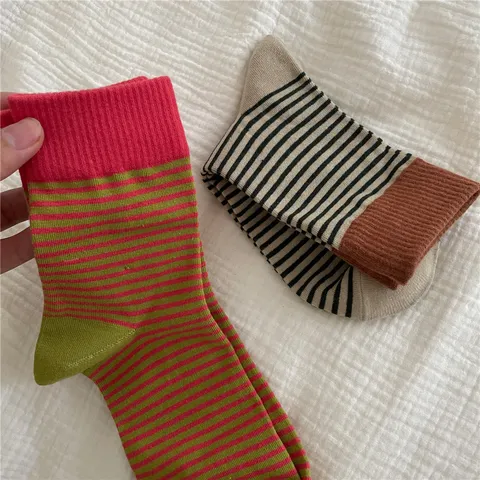 Women's Casual Contrast Striped Mid-Tube Socks Autumn Winter Slouch Socks Cotton Blend Fashion Hosiery