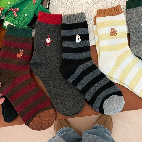 Women Winter Warm Christmas Wool Blend Mid Calf Socks Striped Cute Santa Snowman Elk Embroidery Casual Hosiery