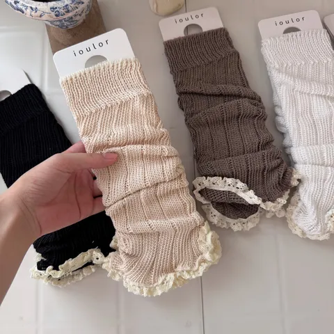 Women Winter Casual Solid Color Slouchy Leg Warmers Acrylic Lace Trim Y2K Cute Boot Cuffs Fashion Knit Socks