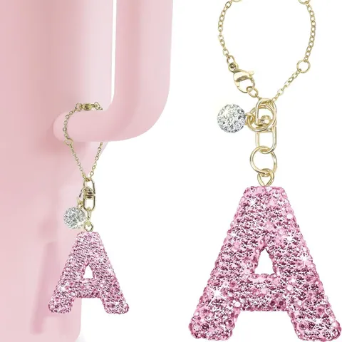 Glänzender Strass Englischer Buchstabe Anhänger Tasse Anhänger Tumbler Flasche Kette Mit Griff Niedliches Schlüsselanhänger Zubehör