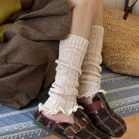 Women Winter Casual Solid Color Slouchy Leg Warmers Acrylic Lace Trim Y2K Cute Boot Cuffs Fashion Knit Socks