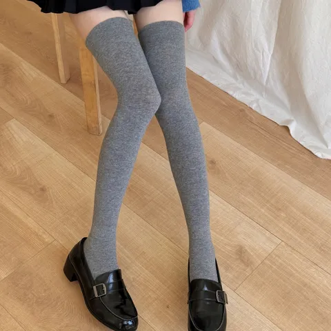 Women Over The Knee Socks Cotton Blend Preppy Style Solid Color High Tube Long Stockings Anti Slip Winter Fashion Hosiery