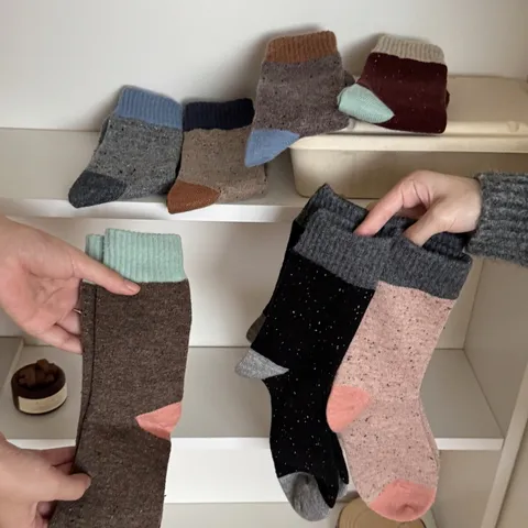 Women Winter Thickened Merino Wool Blend Slouch Socks Color Block Casual Warm Mid Tube Socks Daily Wear
