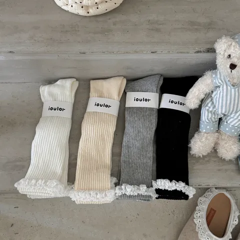 Women's Sweet Lace Trim Vertical Striped Thickened Terry Crew Socks Autumn Winter Warm Cotton Stacked Socks