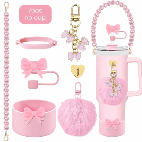 Cute Water Bottle Accessories Set Silicone Cup Boot Bowknot Straw Cover Pearl Chain Plush Ball Pendant For Tumbler Cup