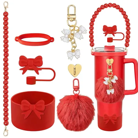 Cute Water Bottle Accessories Set Silicone Cup Boot Bowknot Straw Cover Pearl Chain Plush Ball Pendant For Tumbler Cup