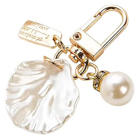 Gold Metal Pearl Keychain Shell Handbag Pendant Rhinestone Key Chain Purse Charm Crystal Jewelry Gift
