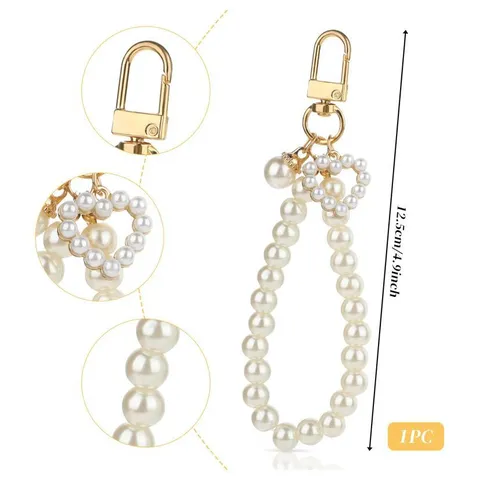 Artificial Pearl Keychain Wristband Heart Pendant Bag Car Key Chain Charm Cute Hand Strap Fashion Jewelry Gift