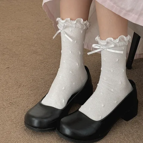 Women's Sweet Ruffle Trim Polka Dot Bow Mid Tube Cotton Socks Cute Japanese Style Casual Breathable Daily Wear Socks