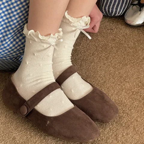 Women's Sweet Ruffle Trim Polka Dot Bow Mid Tube Cotton Socks Cute Japanese Style Casual Breathable Daily Wear Socks