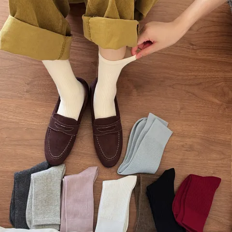 Women's Solid Color Ribbed Mid Calf Socks Breathable Sweat Absorbent Casual Daily Cotton Knit Hosiery